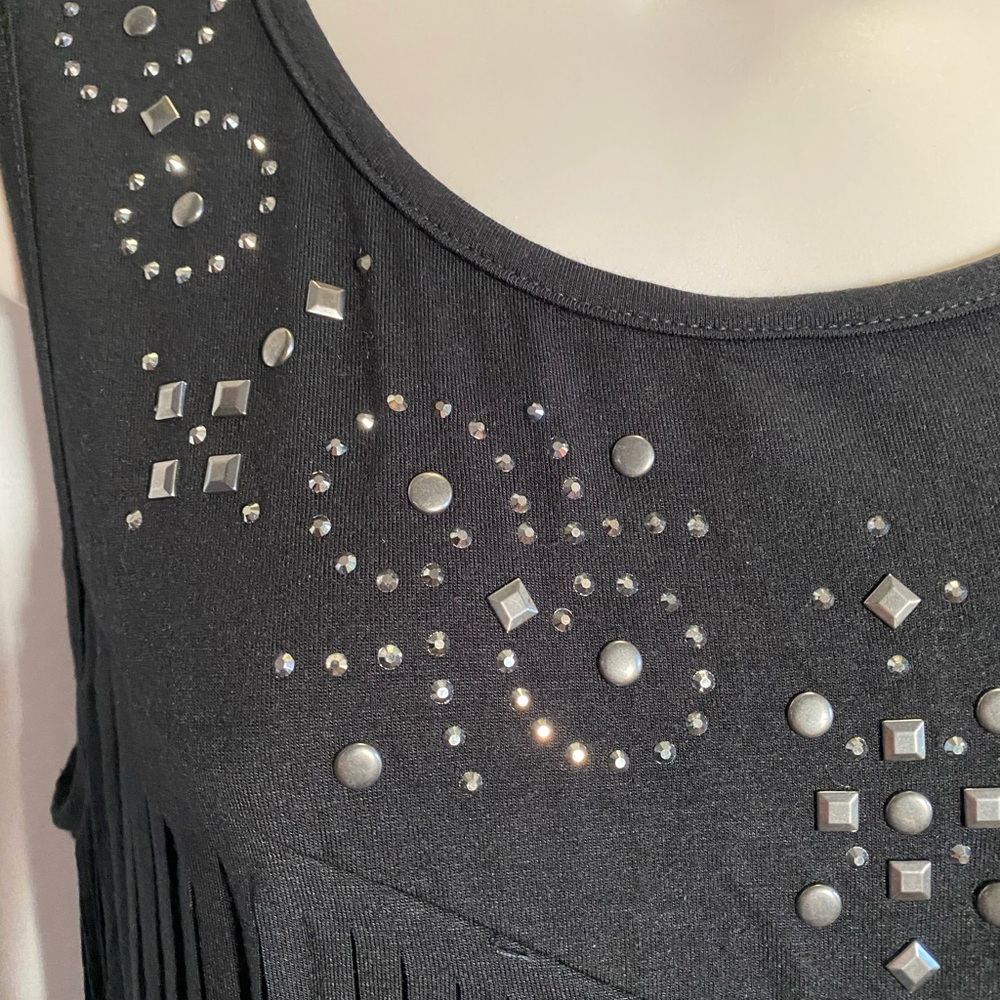 Vocal Deep Black Sleeveless Top, Fringe Front, Round Neckline with Stud Detail - Picture 3 of 11